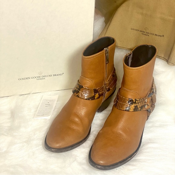 Golden Goose Bretagne Brown Leather Snakeskin Ankle Boots ~Western Moto Boots GG - Picture 4 of 16